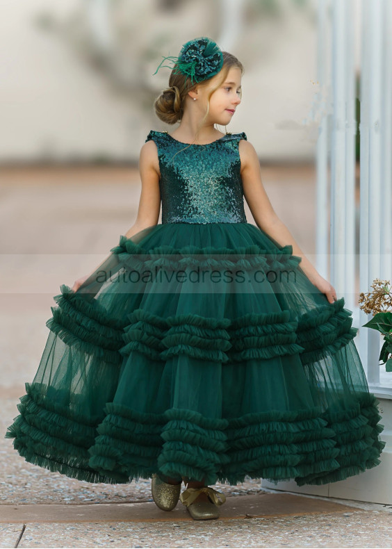 Green Sequin Tulle Open Back Ankle Length Flower Girl Dress